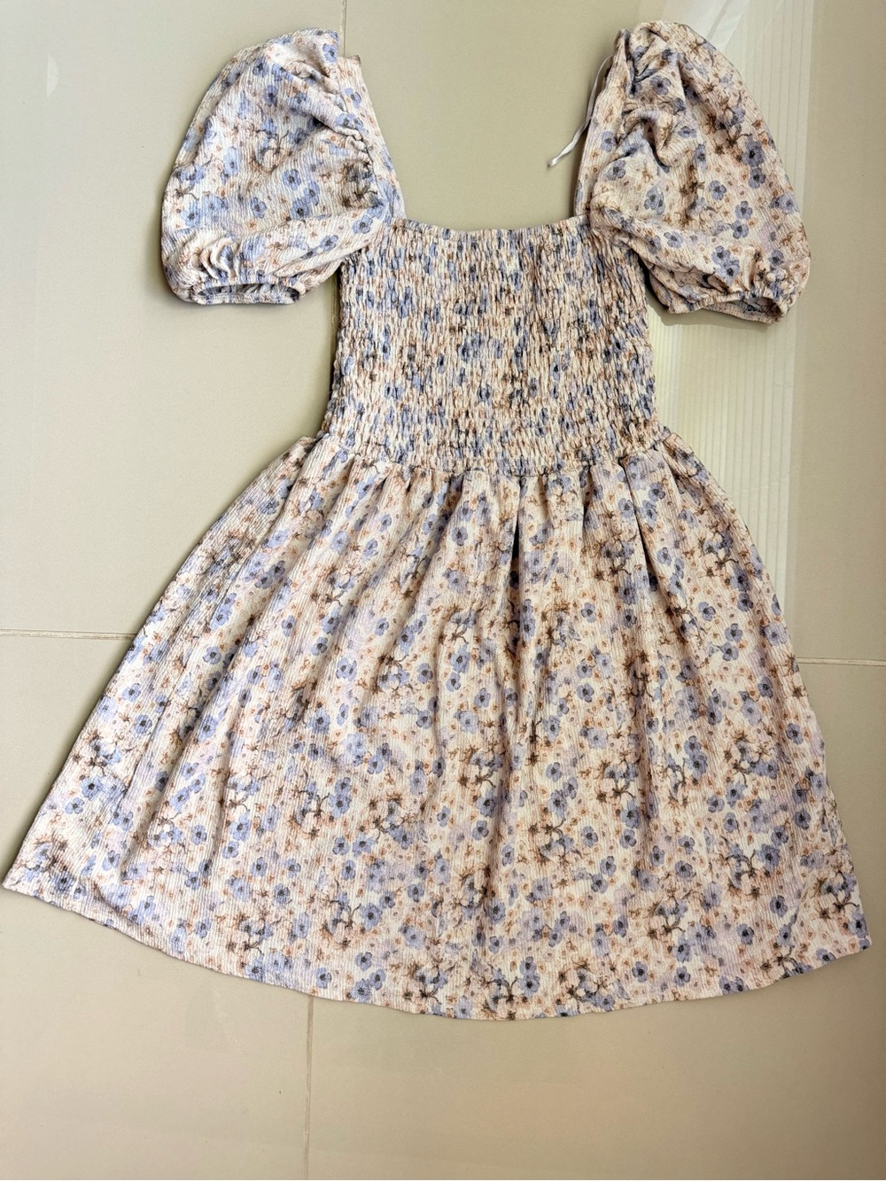 H&M Floral Smocked Puff Sleeve Mini Dress Square Neck Size M